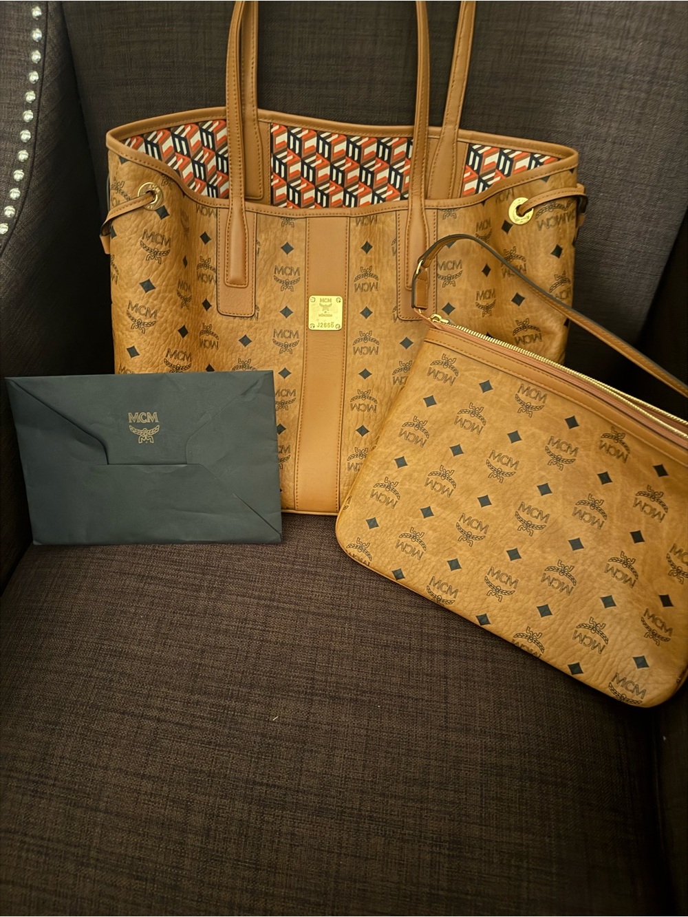 MCM Cognac Visetos Medium Tote with Matching Pouch